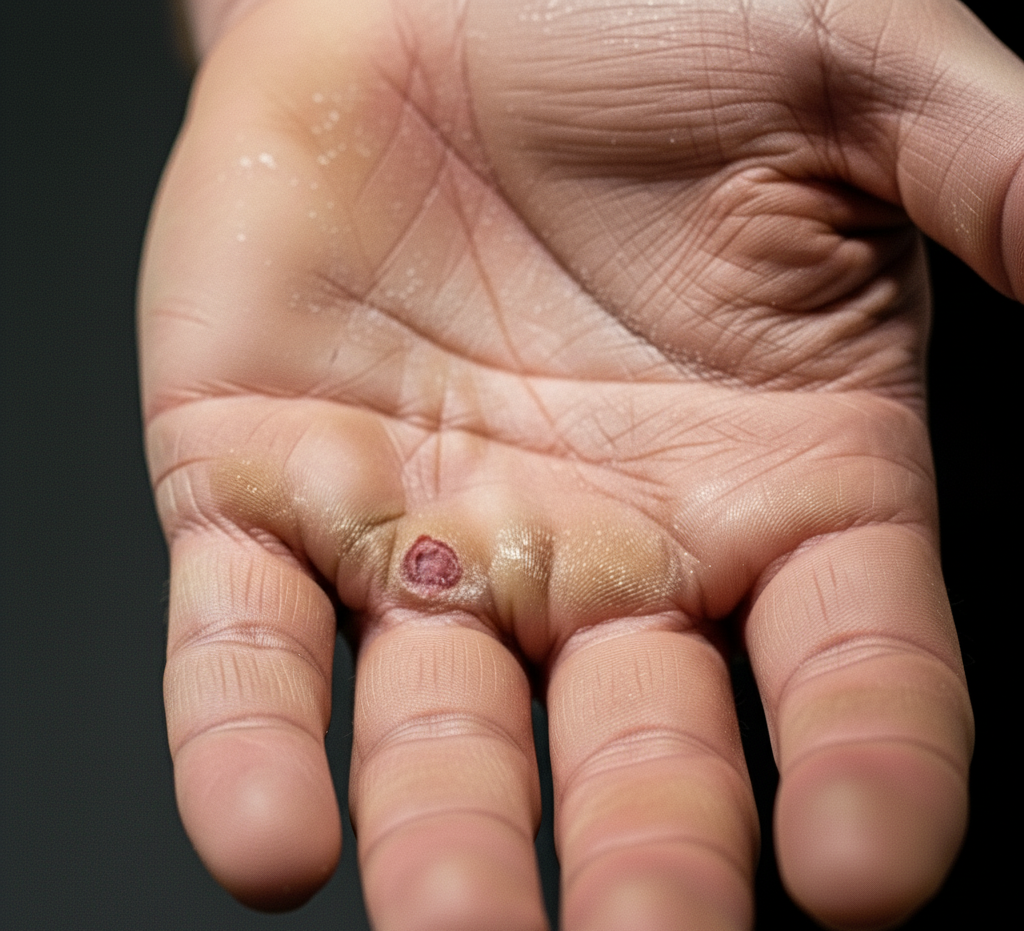 Hand with a visible skin lesion on the palm against a dark background