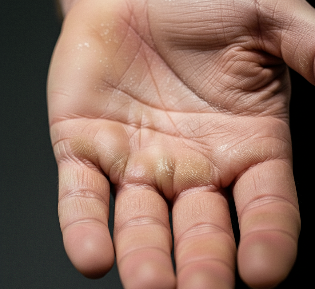 Close-up of a person's palm with visible skin texture on a dark background