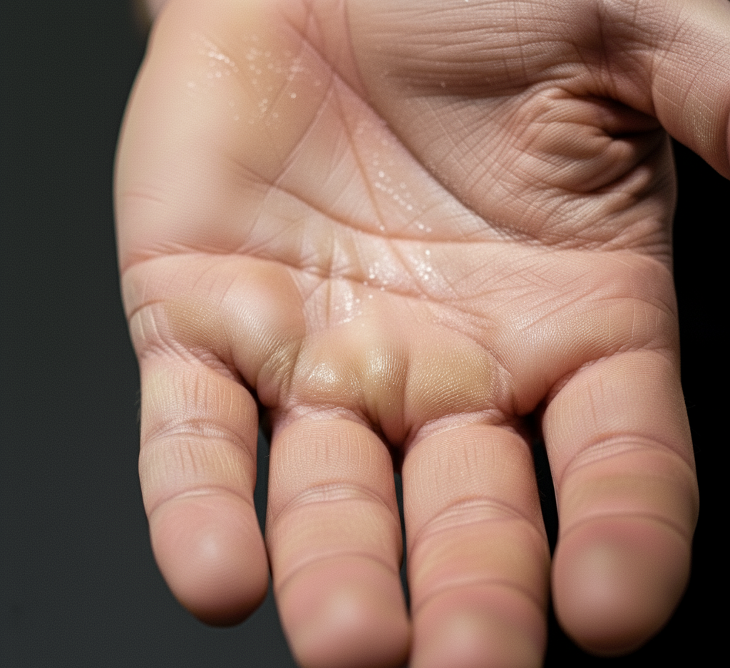 Close-up of a person's palm with visible skin texture on a dark background