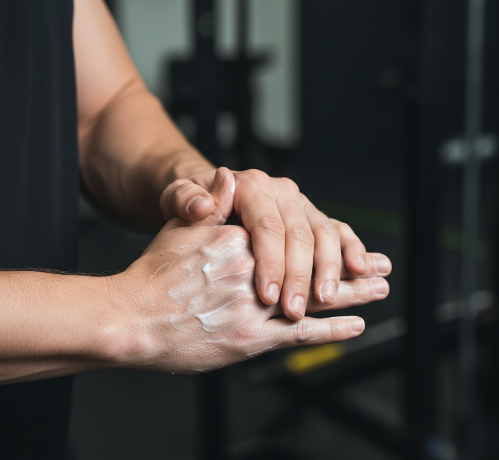 Close-up of hands with cream on a blurred background